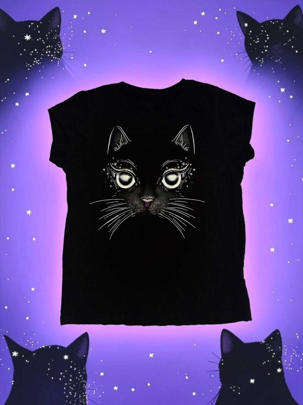 The Children’s Place Black Silver‑Glitter Cat Halloween Tee – Girls XL (14)